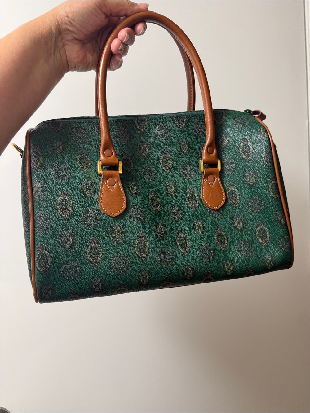 Vintage Capezio Green Patterned Satchel with Tan Trim - Picture 4 of 10